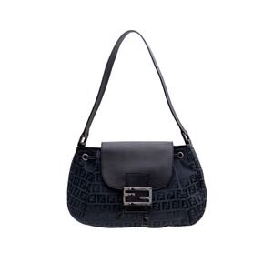 Fendi Vintage Baguette Shoulder Drawstring Bag Black FF Logo Jacquard Leather